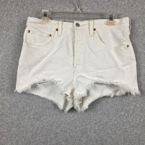 Levi's 501 Shorts Womens 30 White Denim Cut Off Button Fly High Rise‎ Frayed Hem